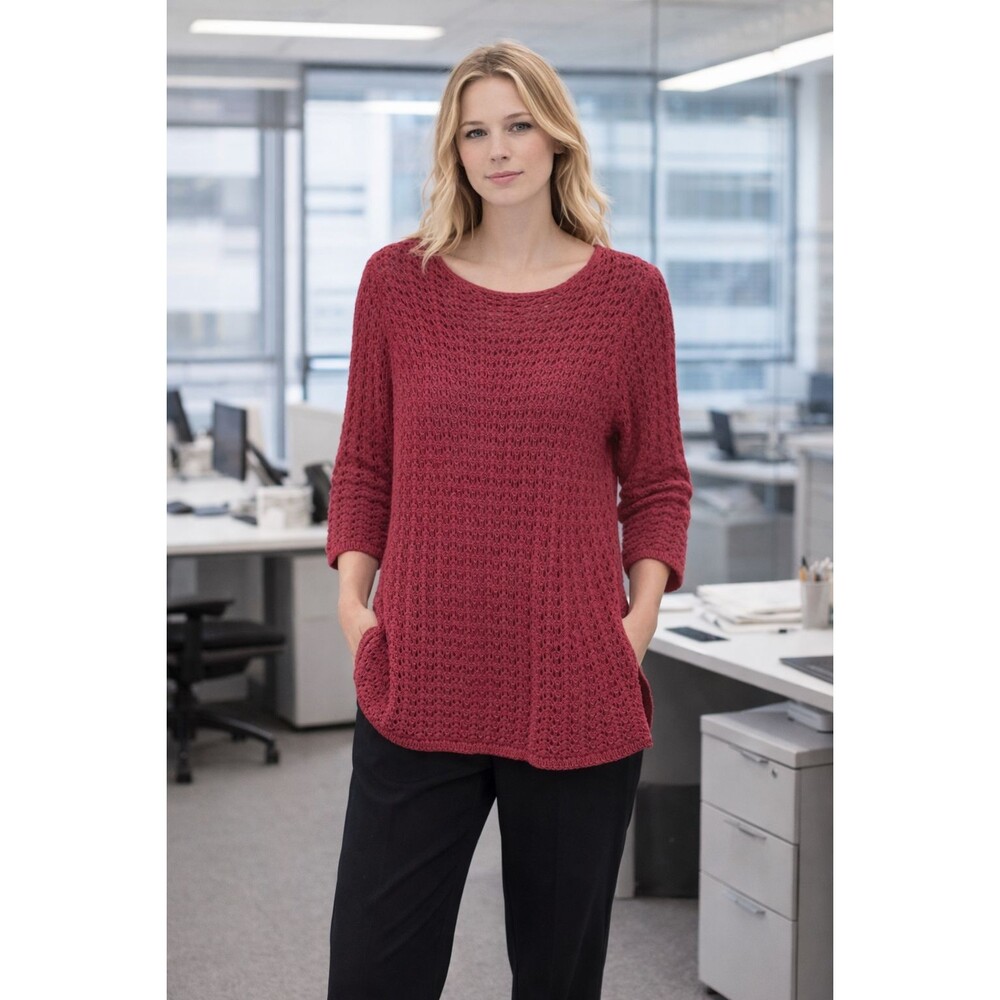 Chicos Sweater Top Womens 2 Red Crochet Open Weave Boho Office Festival Casual